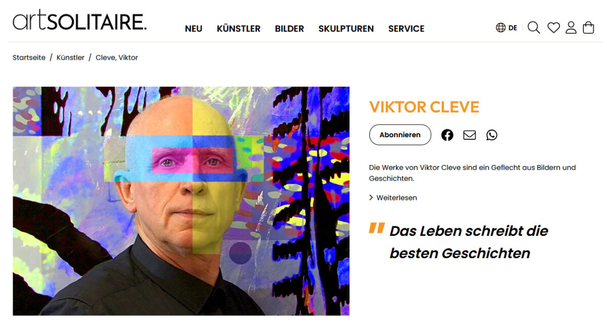 Außergewöhnliche Kunst kaufen: Entdecken Sie die einzigartigen Werke von Viktor Cleve exklusiv auf artsolitaire. Außergewöhnliche Kunst kaufen.
Das Bild zeigt die Künstlerseite zu Viktor Cleve auf artSOLITAIRE